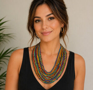 Jules Multicolor Seed Bead Bib Necklace Boho Statement Layered Festival NWT